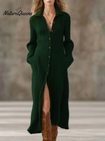 Women's Solid Color Shirt Collar Long Sleeve Casual Loose A-line Knit Dress