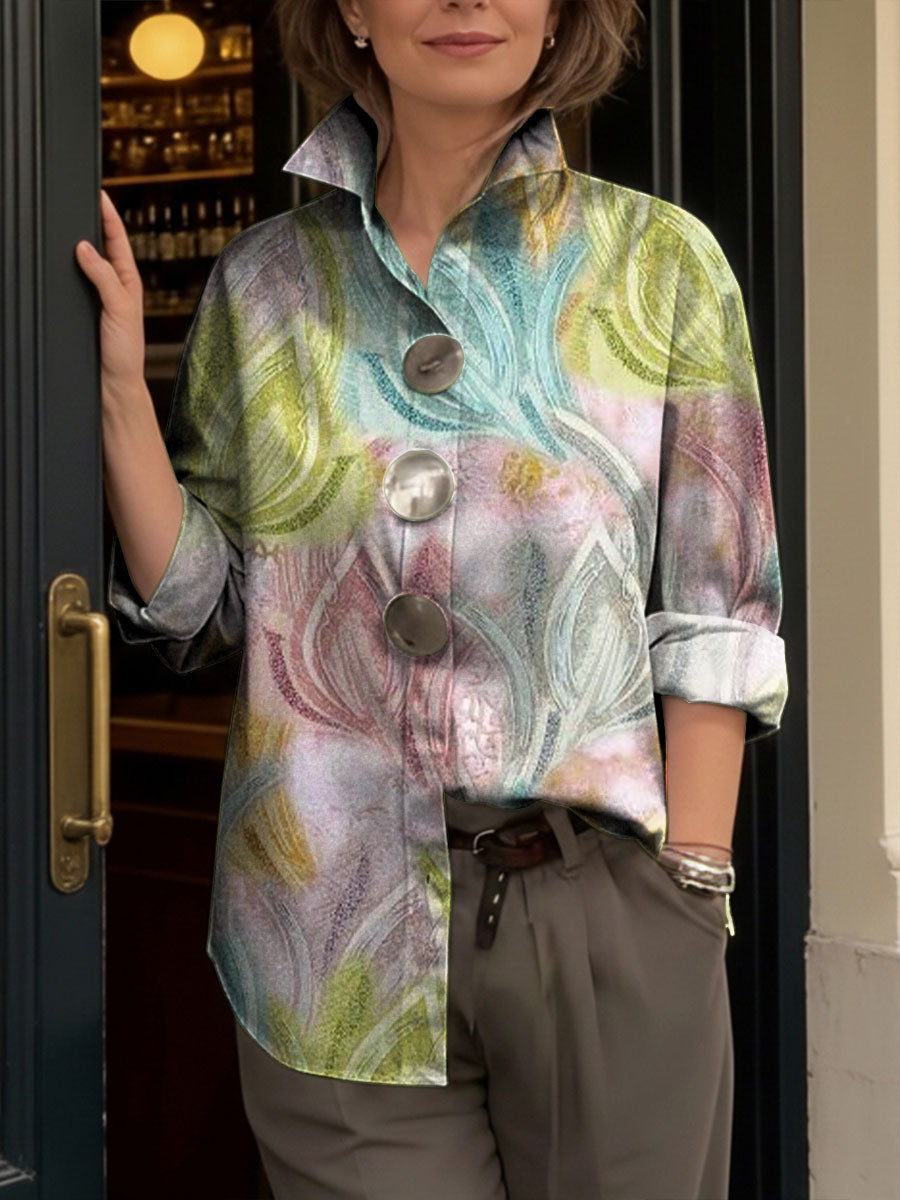 Women's Artistic Floral Print Metal-button Shirt