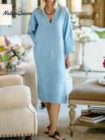 Women's Solid Color V-neck Long-sleeved Casual Loose Cotton And Linen Dress