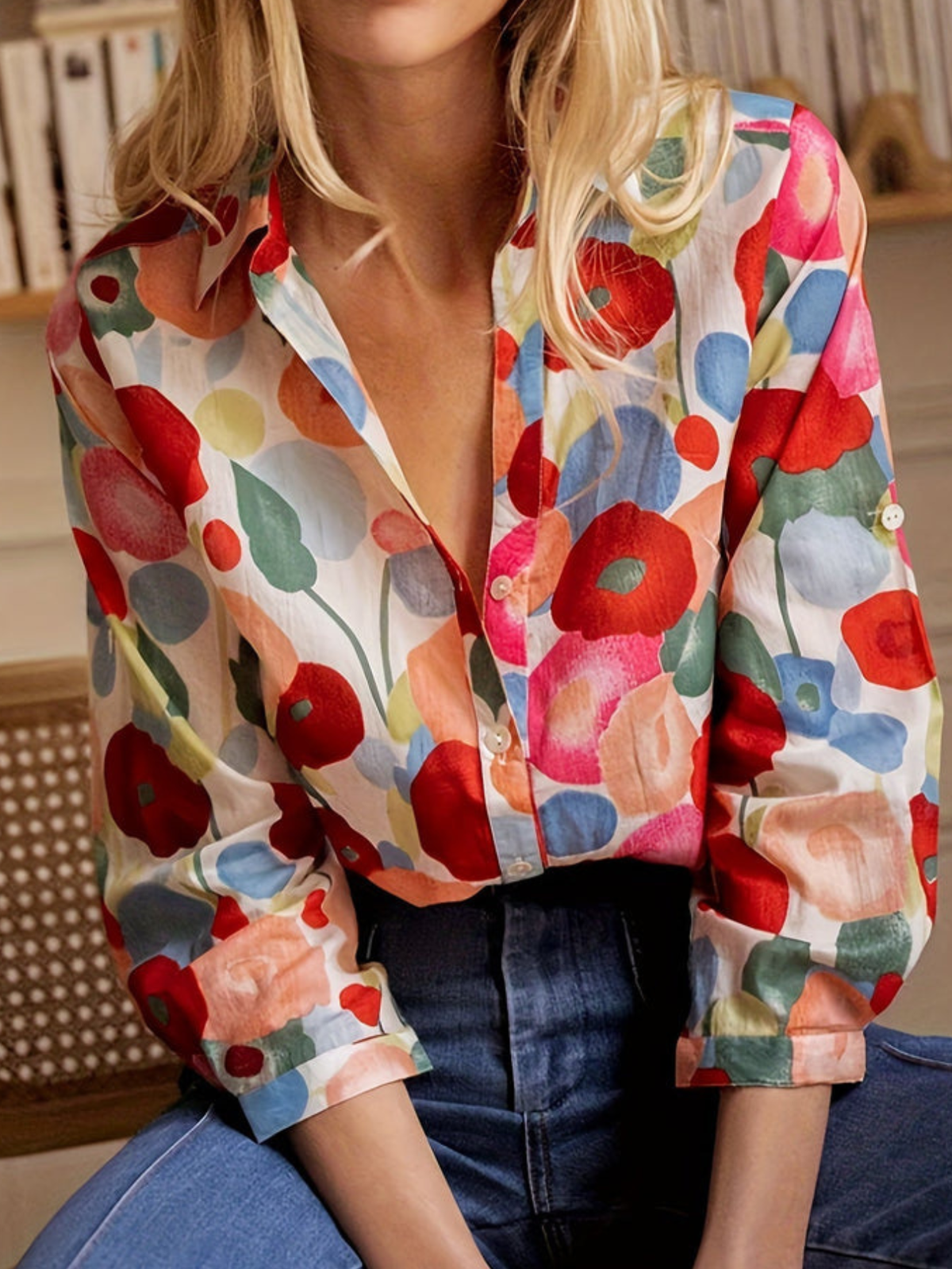 Women's Poppy-print Casual Cotton-linen Shirt