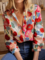 Women's Poppy-print Casual Cotton-linen Shirt