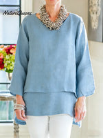 Women's Solid Color Round Neck Long-sleeved Casual Loose Cotton And Linen Patchwork Top