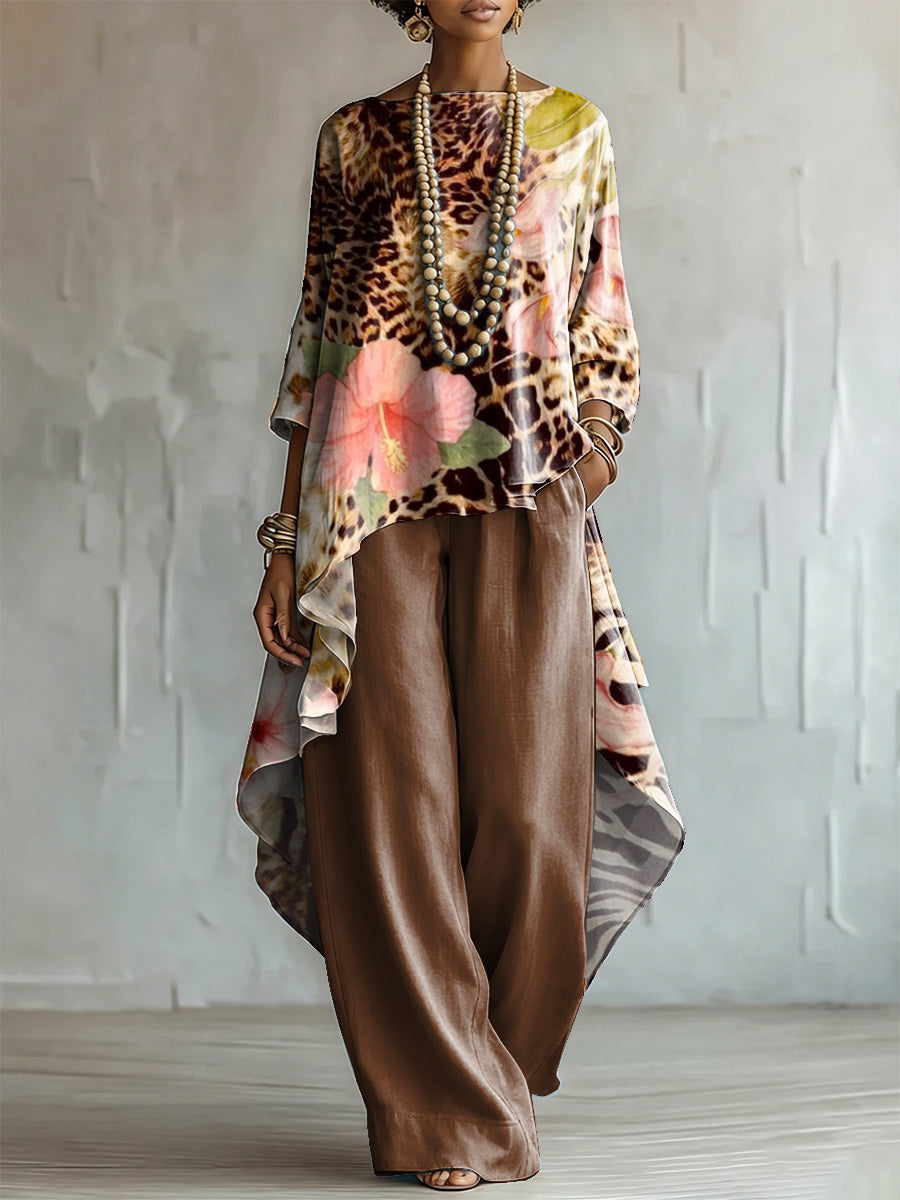 Loose-fit Leopard Print & Floral Cotton-linen Top + Wide-leg Pants Set
