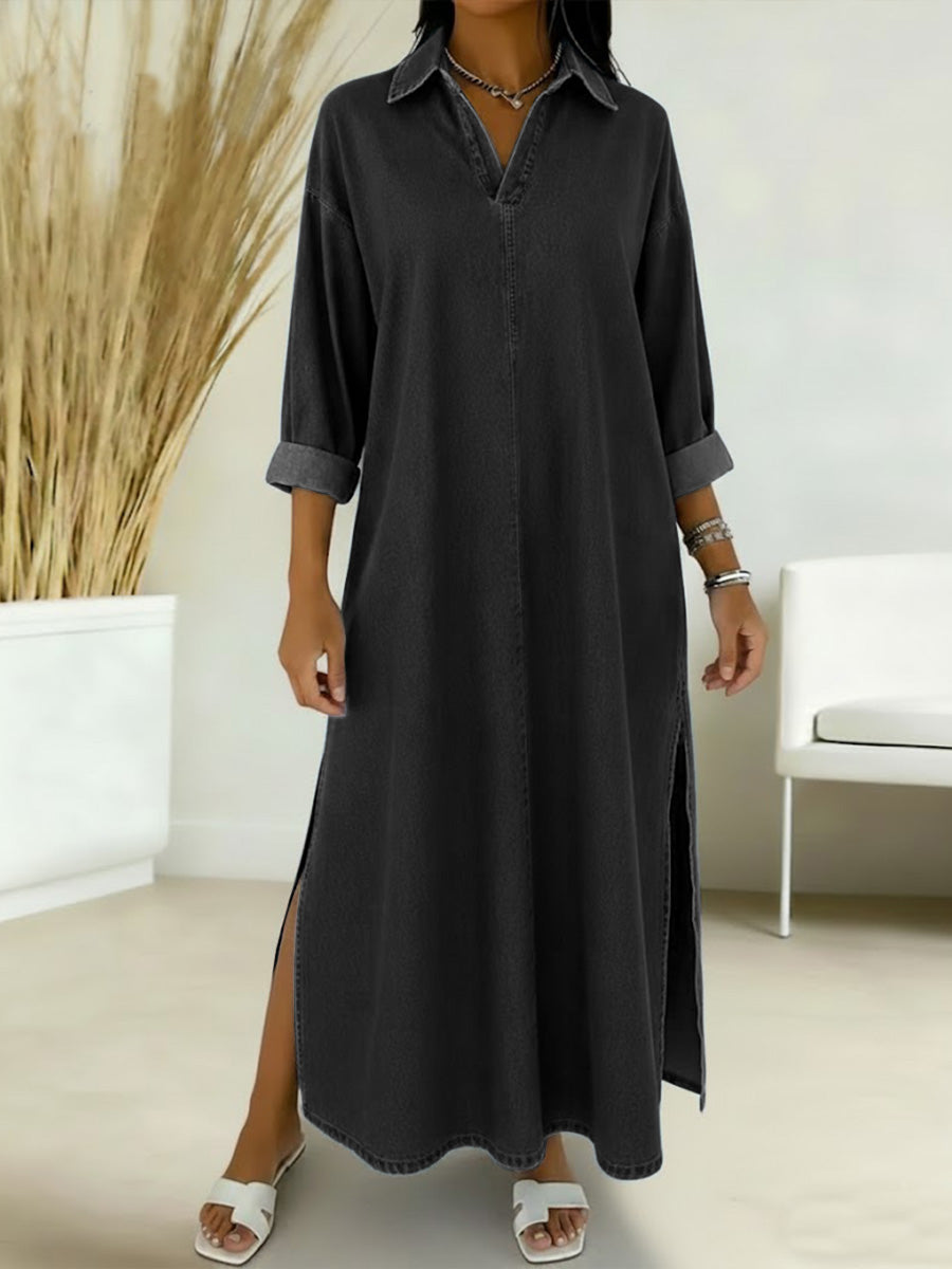 Women's New Spring Collection V-neck Long-sleeved Casual Loose Denim Dress With Side Slits.