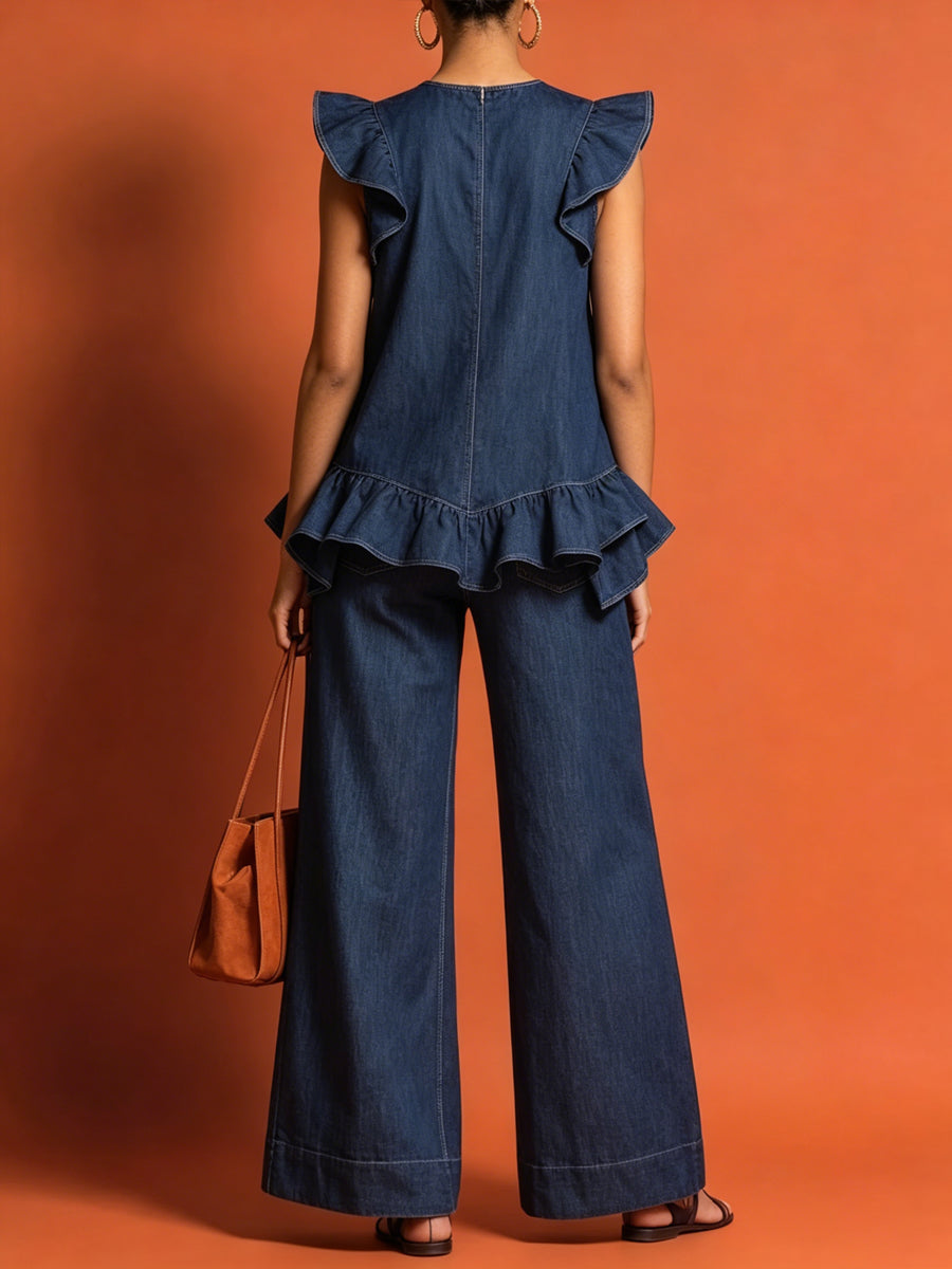 Women's Ruffle Trim Top And Wide-leg Jeans Set