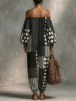 Women's Geometric Patchwork Long-sleeve Off-shoulder Cotton Linen Jumpsuit