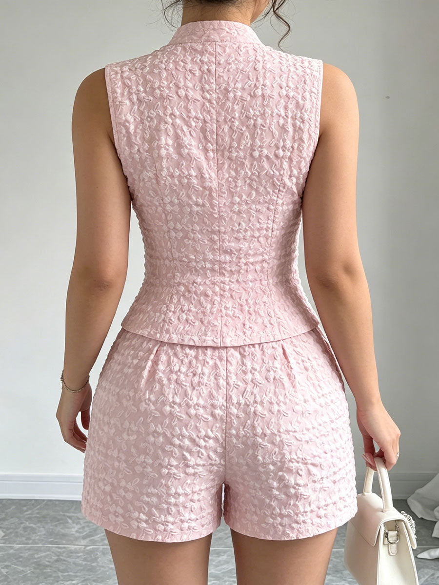 Women's Solid-color Jacquard Sleeveless Vest And Shorts Two-piece Set