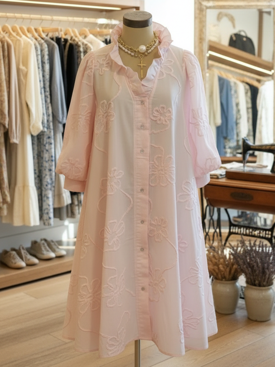 Casual Romantic Ruffled Collar Denim Shirt Dress