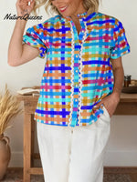 Women's Striped Print Shirt Collar Short Sleeve Casual Loose Cotton Linen Top