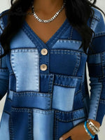 Artistic Patchwork Print V-neck Button-up Pullover Top