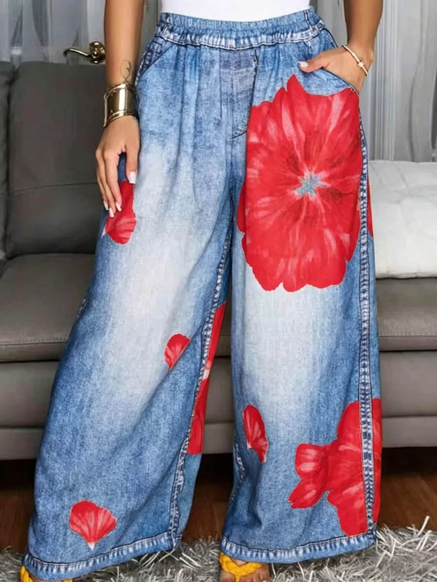 Women's Casual Loose Wide-leg Jeans With Placement Print And Elastic Waist