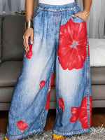 Women's Casual Loose Wide-leg Jeans With Placement Print And Elastic Waist