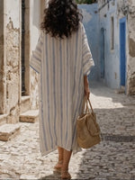Loose-fit Casual Artistic Striped Linen-cotton Dress