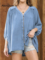 Women's Solid Color V-neck 3/4 Sleeve Casual Loose Cotton Shirt