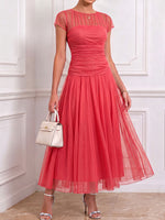 Women's Solid Color Round Neck Short Sleeve Casual Loose Mesh Patchwork Dress