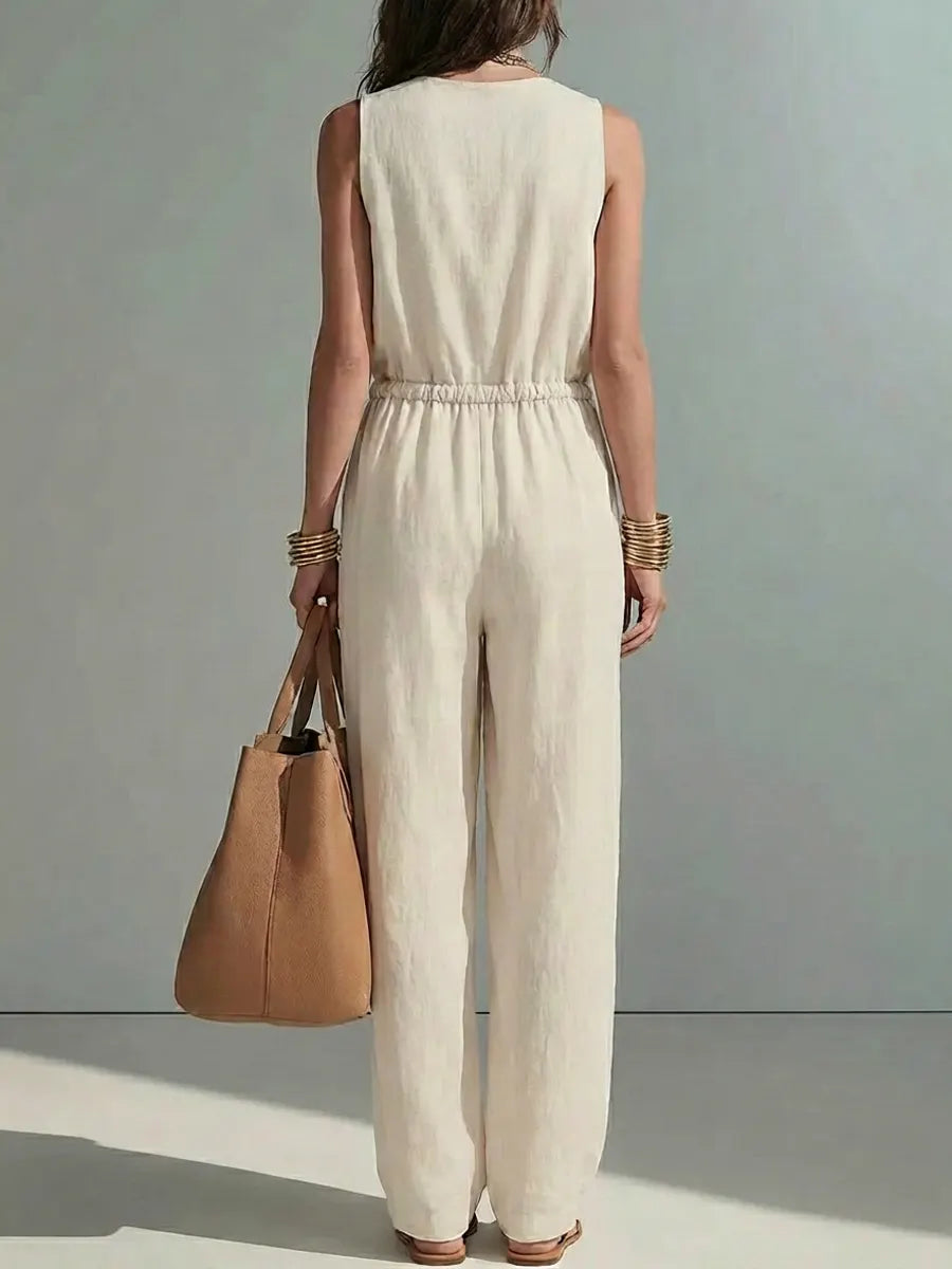 Women's Solid Color Art Button Stylish No Sleeve Cotton Jumpsuit