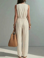 Women's Solid Color Art Button Stylish No Sleeve Cotton Jumpsuit