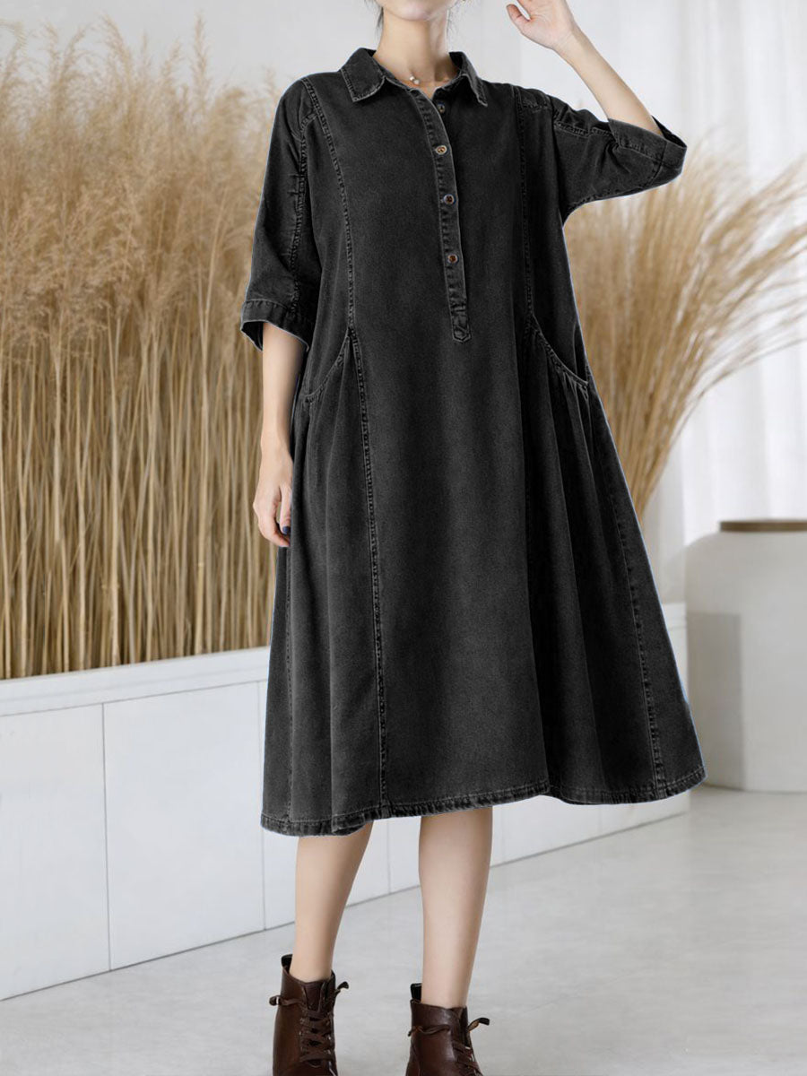 Women's Casual Loose Denim Dress With Shirt Collar And 3/4 Sleeves.