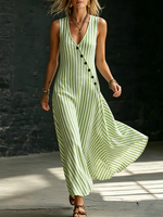 Cozy Classic Striped Button-front Cotton-linen Dress