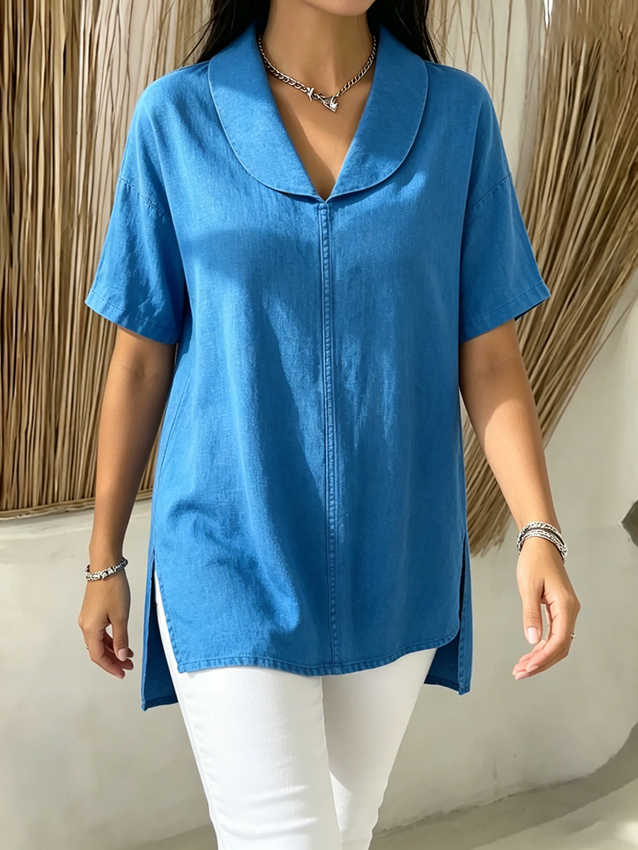 Casual Shawl Collar Cotton-linen Blouse