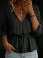Women's V-neck Long-sleeve Linen Cotton Top