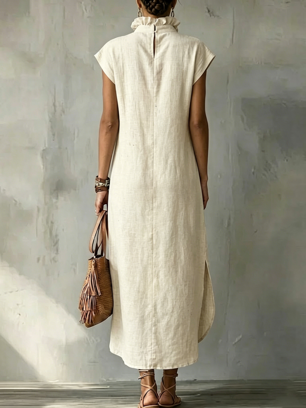 Women's Sleeveless Cotton-linen Dress — Ruffled Neckline, Artistic Graffiti Splatter Print
