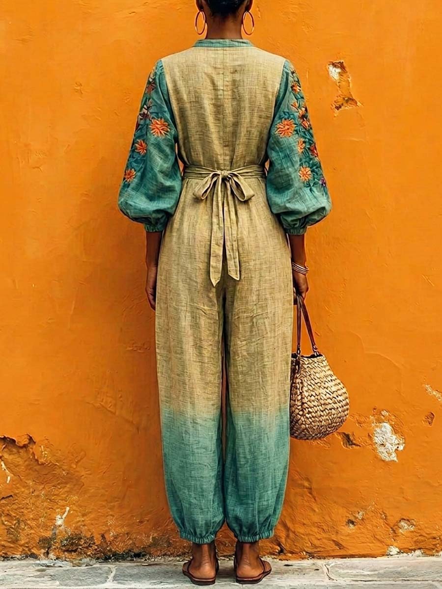 Women's Retro Floral Art Casual Stylish Comfortable Cotton Linen Jumpsuit