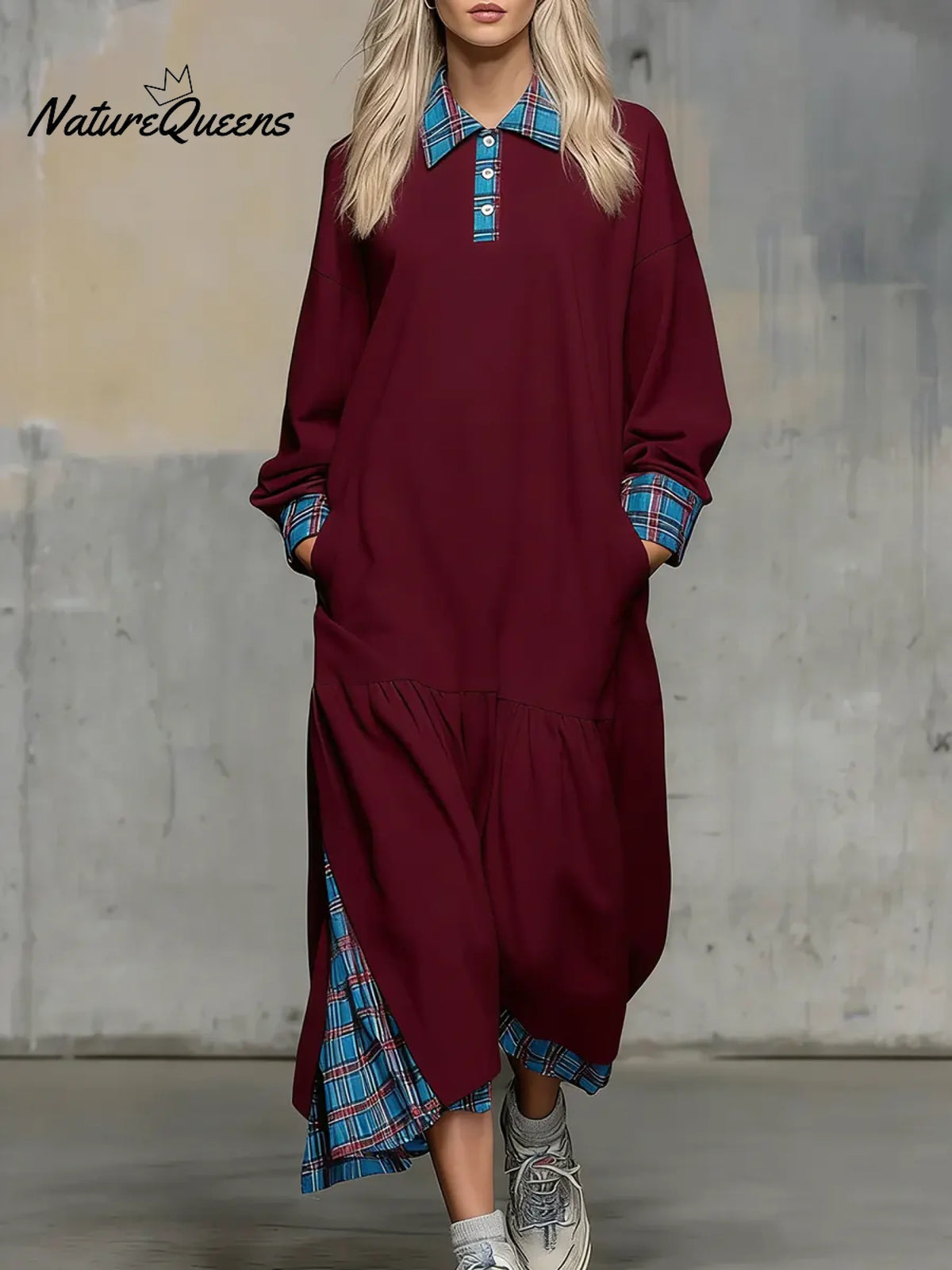 Women's Solid Color Patchwork Plaid Print Shirt Collar Long-sleeved Casual Loose Dress