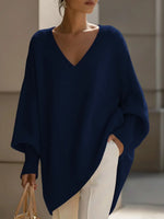 Women's Solid Color V-neck Long-sleeved Casual Loose-fitting Knitted Pullover Sweater