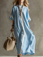 Women's Round Neck 3/4 Sleeve Casual Loose Cotton And Linen Dress