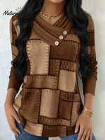 Artistic Patchwork Print Button-up Pullover Top