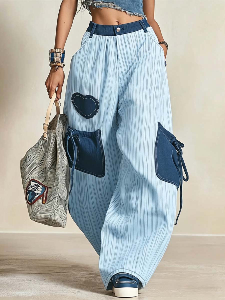 Women's Retro Striped Pattern Art Casual Cotton Denim Patchwork Pants