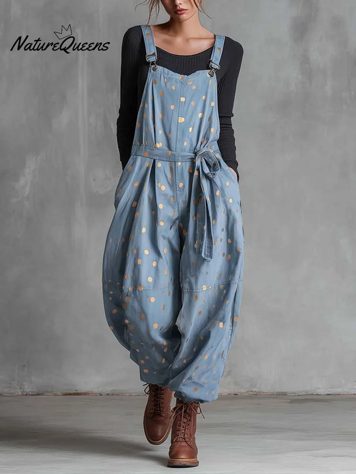 Women's Casual Gold Polka Dot Cotton Jumpsuit