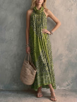 Bohemian Art-print Halter-neck Sleeveless Linen And Cotton Dress