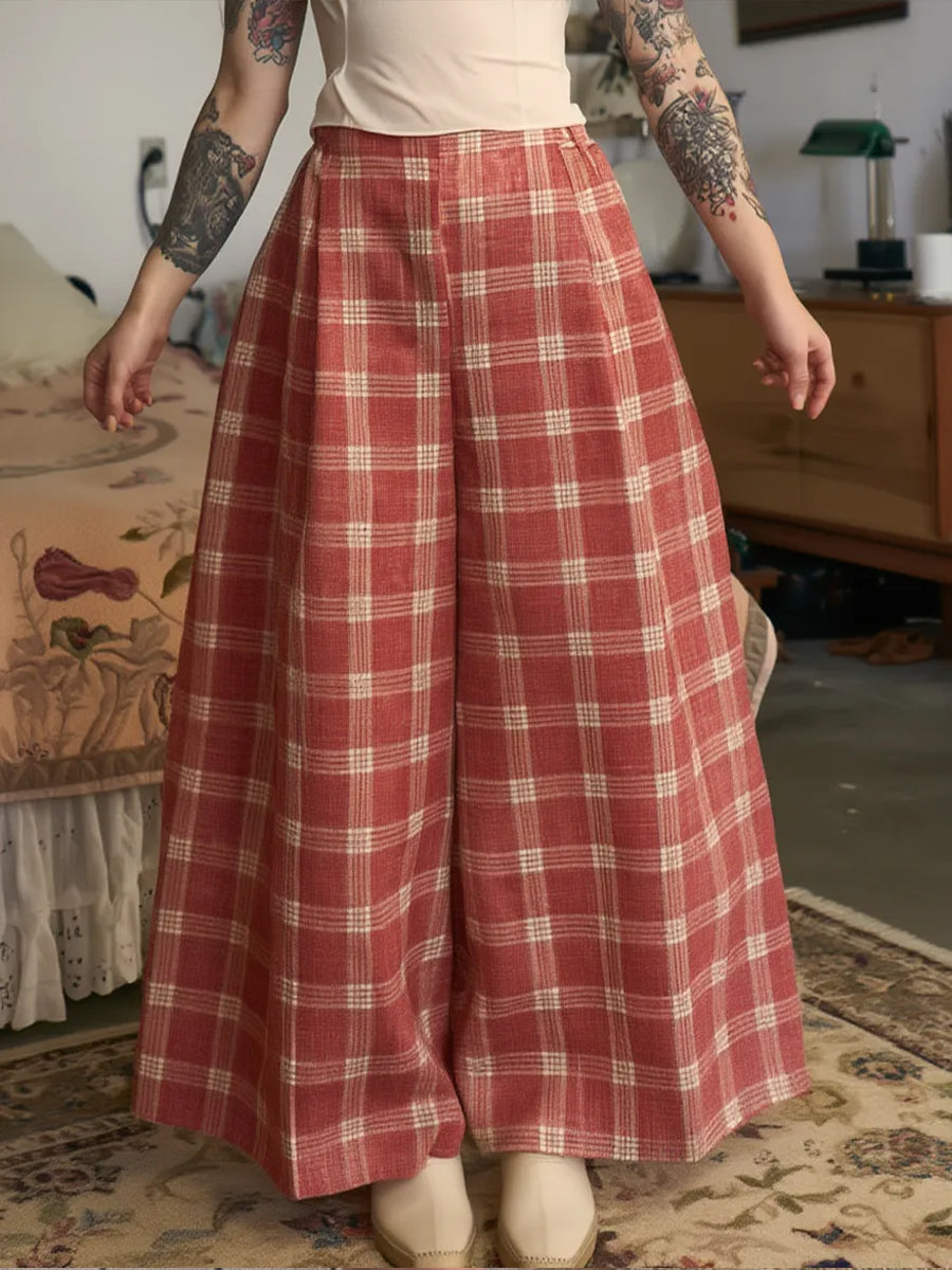 Adjustable Waist Checkered Linen And Cotton Pants