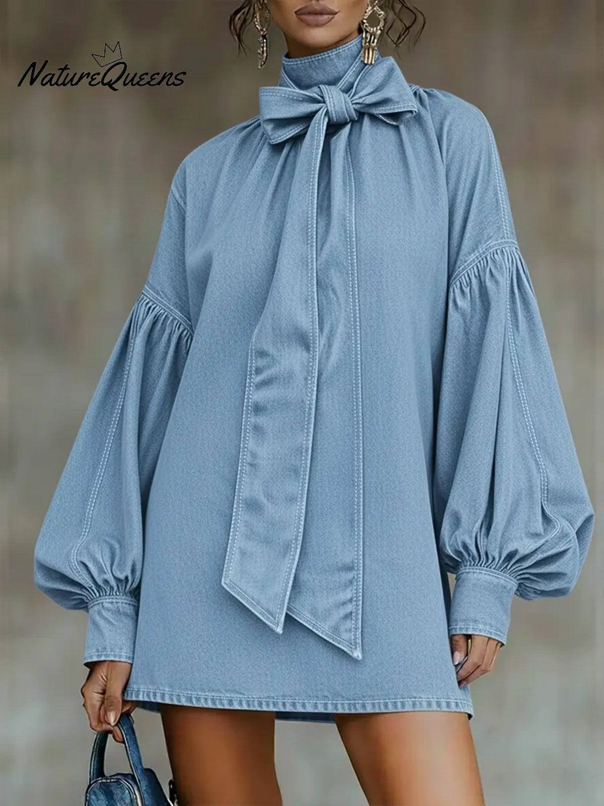 Women's High-neck, Bow-tie, Puff-sleeve Denim Cotton Mini Dress