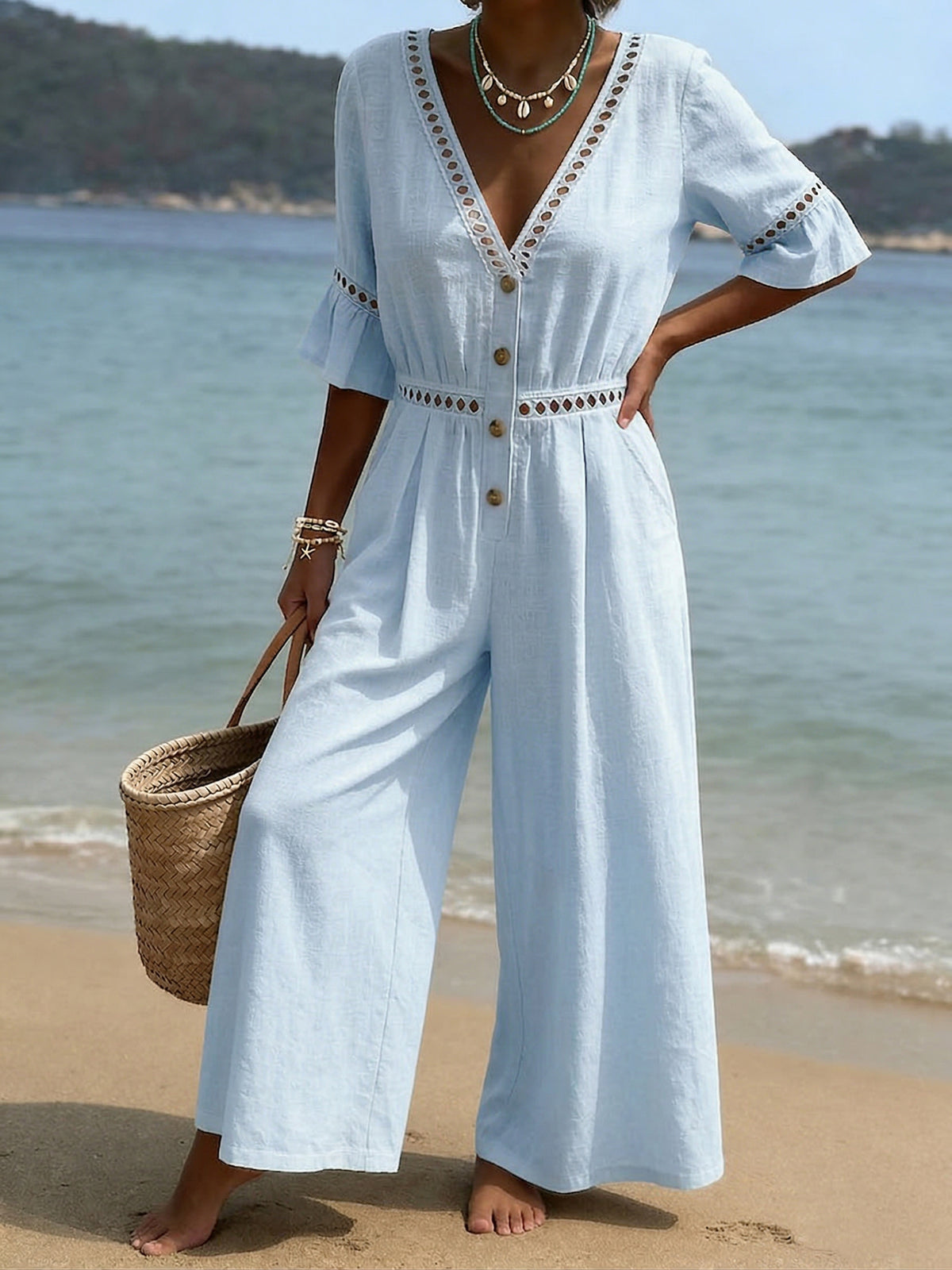 Casual Openwork Lace Loose-fit Wide-leg Cotton-linen Jumpsui