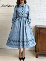 Women's Retro-style Print Shirt Collar Long Sleeve Casual Loose Cotton Dress