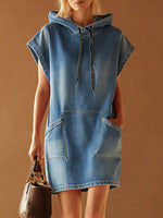 Women's Short-sleeved Casual Loose Hooded Denim Dress