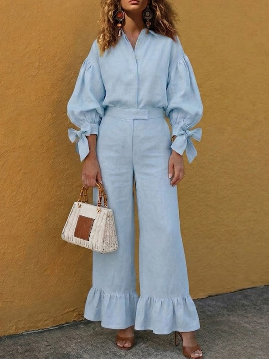 Women's Minimalist Two-piece Set: Tie-detail Shirt And Ruffled Trousers.