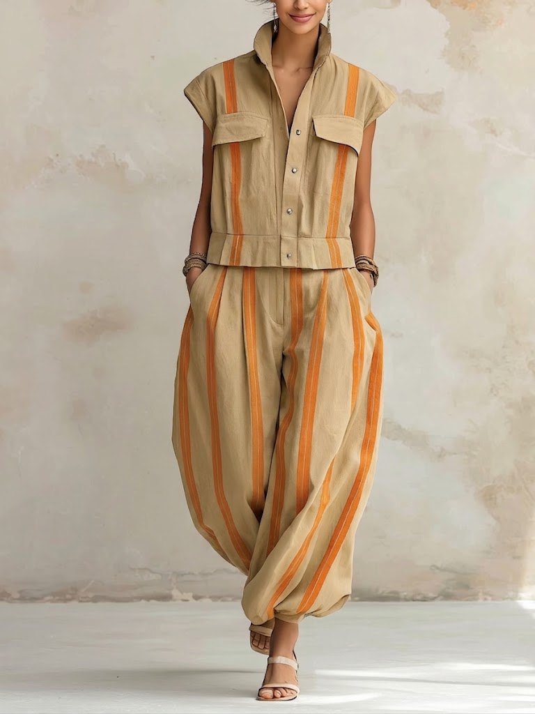 Stylish And Casual Striped Cotton Two-piece Set (top And Pants)