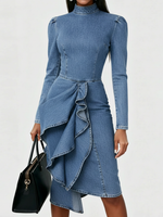 Elegant Multi-layered Ruffle Hem Denim Dress