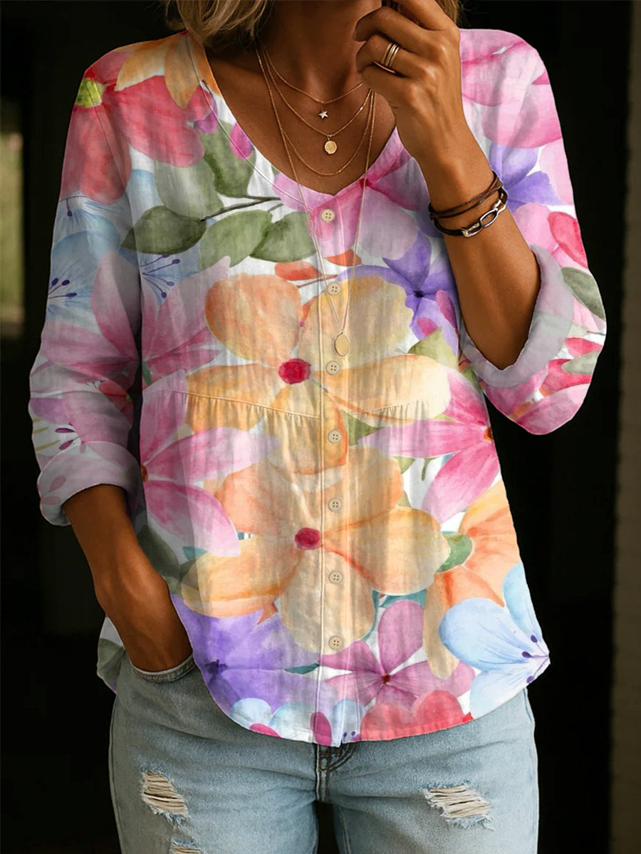 Women's Vintage Floral Print Long-sleeve Button-down Shirt