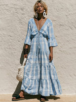 Casual Linen And Cotton V-neck Plaid Dress