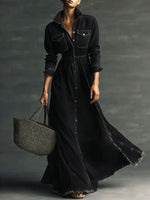 Women Stylish Art Stand Collar Washed Denim Midi Dress