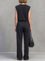 Women's Placement-print Crew Neck Sleeveless Loose-fit Wide-leg Jumpsuit