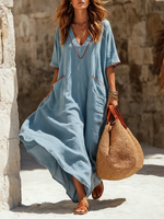 Contrast Trim Linen-cotton Maxi Dress