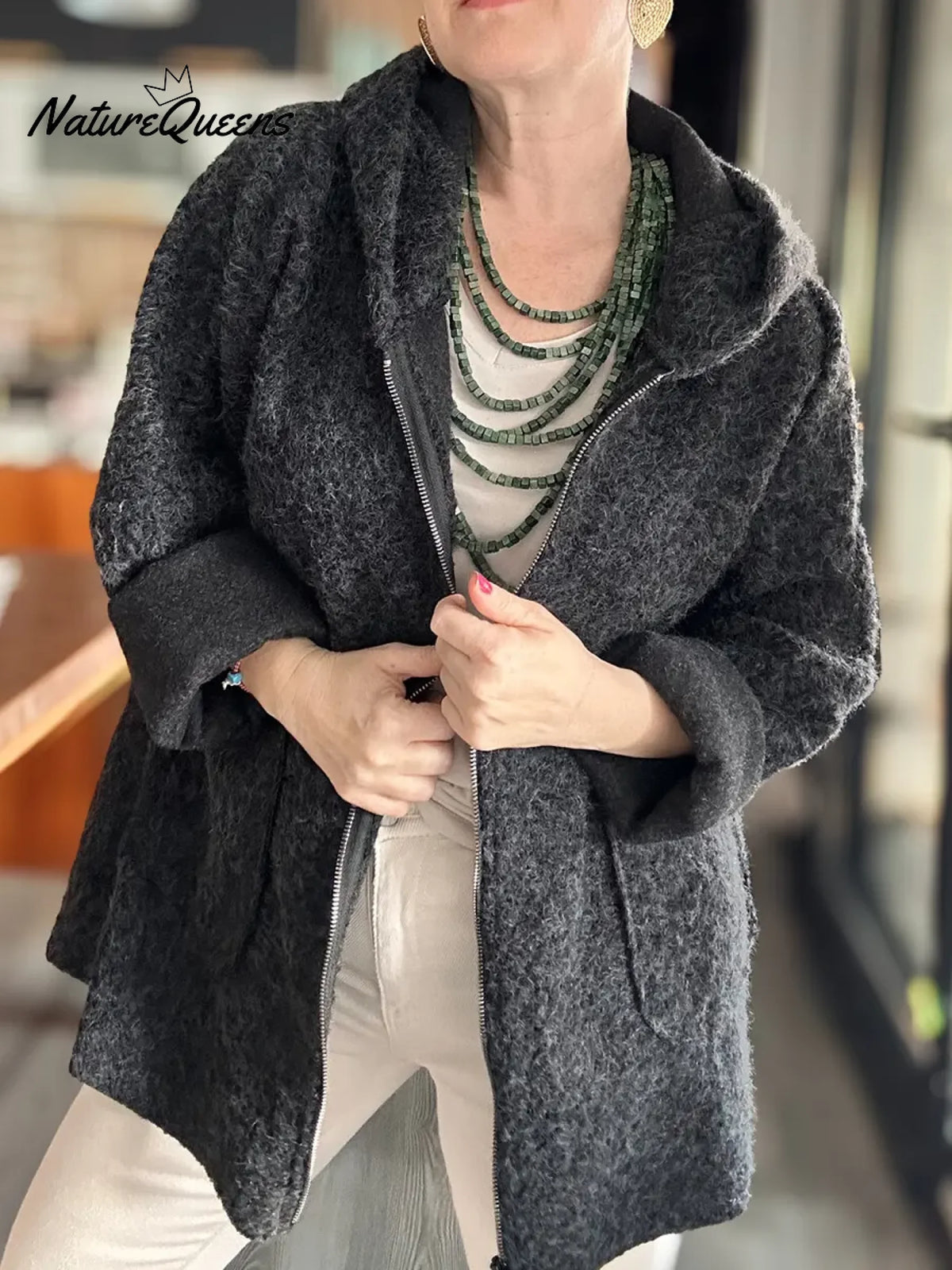 Women's Boucle Wool Blend Zip-up Hooded Jacket