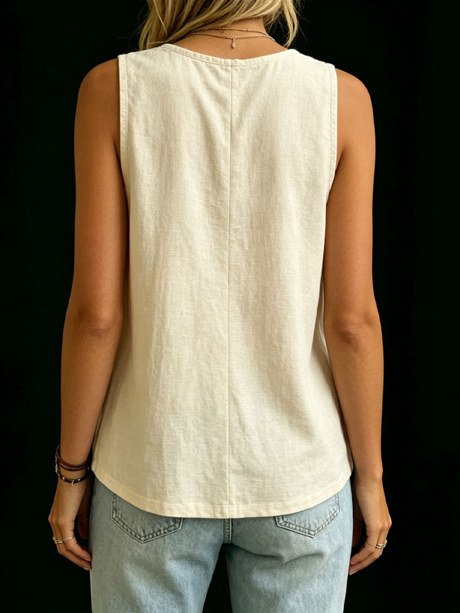Women's Round-neck Sleeveless Pleated Cotton-linen Top