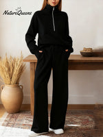 Women's Two-piece Set Half-zip Sweatshirt Wide-leg Pants Casual Suit.